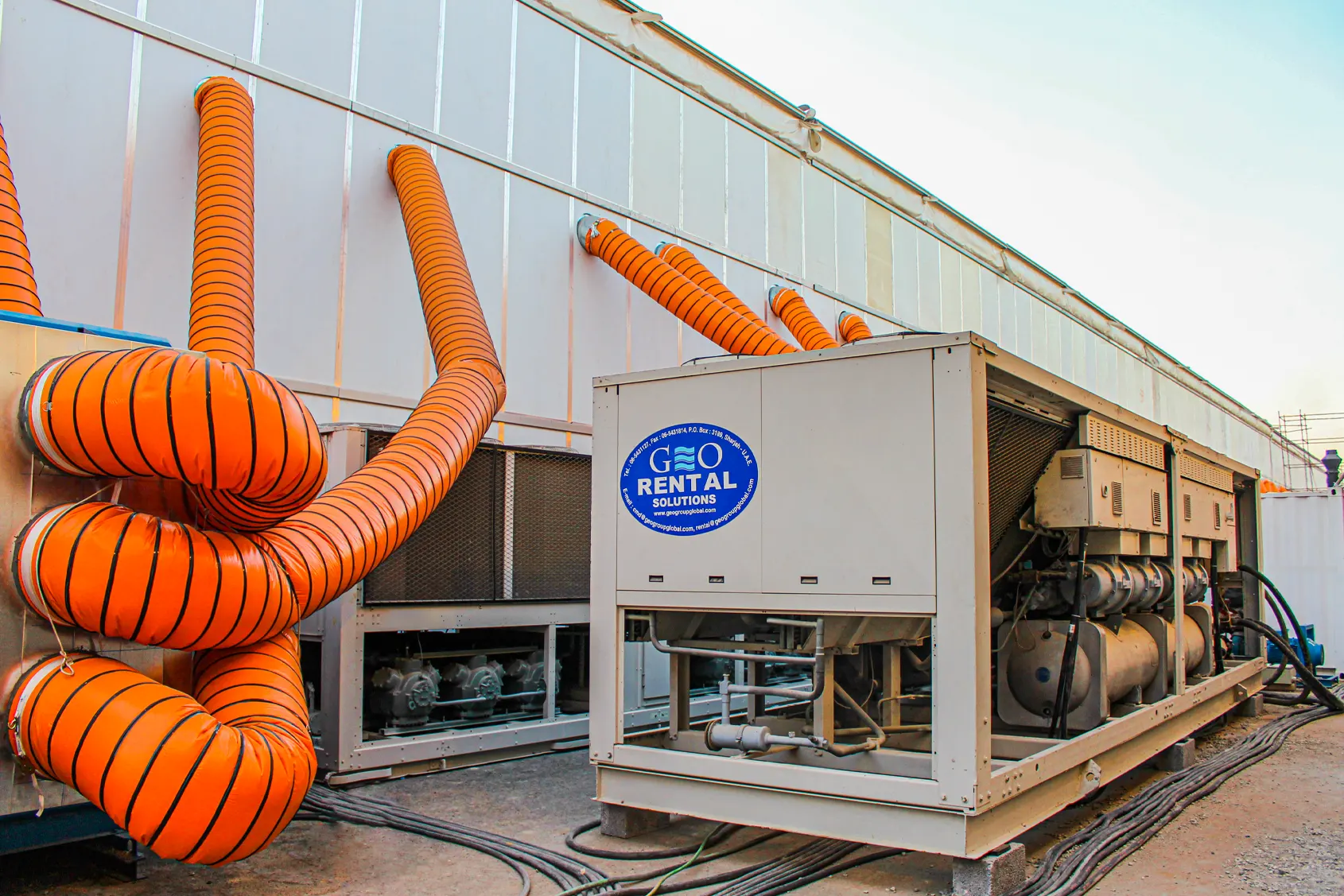 Geo Rental Solutions, Rental Site, Air handling unit, Air cooled chiller, flexible duct