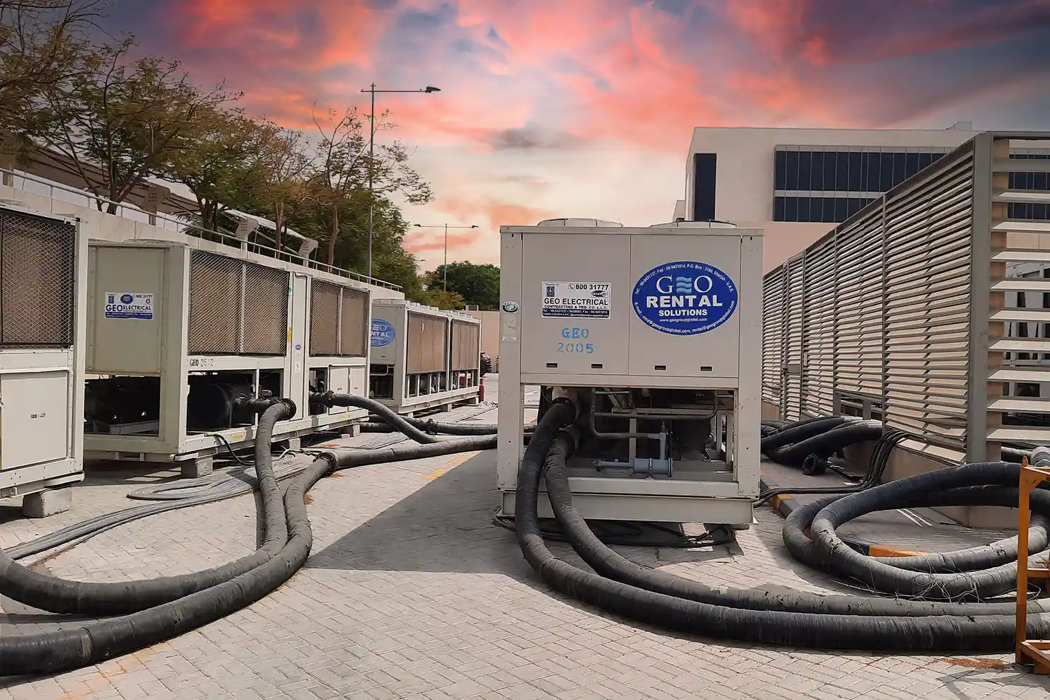 Geo Rental Solutions, Rental Site, Air cooled chiller connected with heavy duty hose